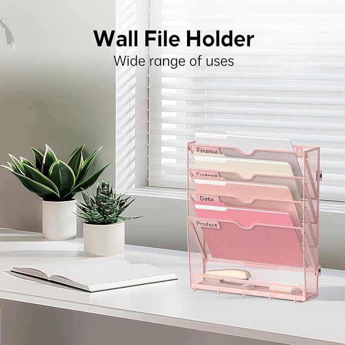 5-Tier Wall File Organizer and Mail Organizer with 5 Hooks, Pink | Label slots, curved openings, 5 key hooks, and a bottom tray support organized mail, file, and everyday item storage.