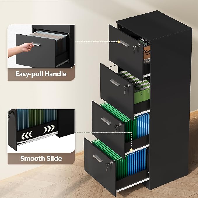 DEVAISE 4 Drawer Vertical File Cabinet, Wood Filing Cabinet with Lock | Home Office File Storage Cabinet for Letter and A4 Size, Printer Stand, Black