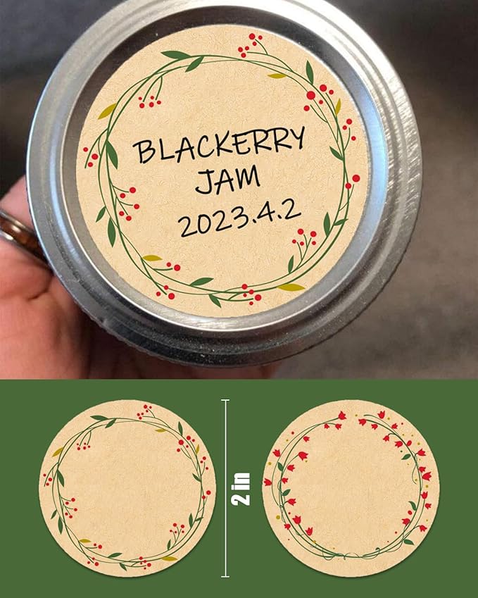 500pcs 2" Canning Labels for Jars and Lids, Round Kraft Mason Jar Stickers, 2 Different Wreath Designs, Food Sticker Labels Pantry Labels, Mason Jar Labels Spice Labels Bottle Labels