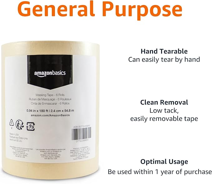 Amazon Basics Masking Tape for Light Duty Applications, Labeling, Easy Removal, Tears by Hand, 0.94" x 180', Beige, 6 Rolls