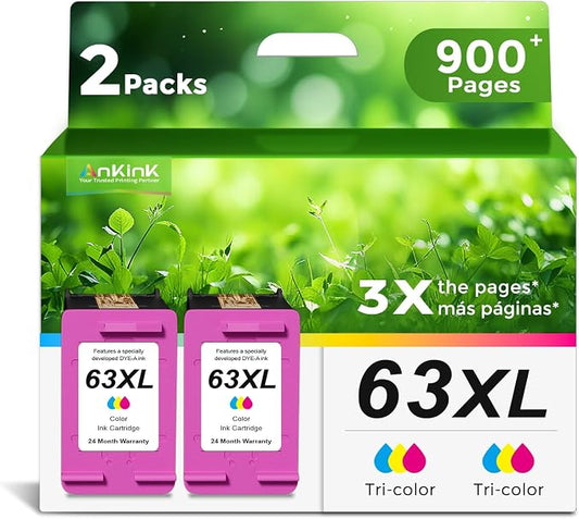 Ankink 63XL Ink Cartridges Replacement for HP 63 XL (Color/Tricolor 2-Pack) | Work with HP63 HP63XL 3830 4650 4652 4655 5200 5252 5255 5258 4520 4512 1112 2132 3630 3632 4511 4510 3833 3634 2130 Printers