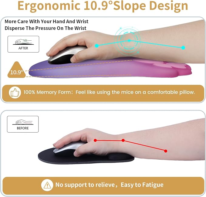 L-SPOUTTO Ergonomic Mouse Pad with Wrist Rest,Pink Mouse Pad Wrist Support | Cute Cat Paw Comfortable Massage Design,Computer Pain Relief Mousepad with Non-Slip Base for Desk Laptop Gaming,Pink&Purple