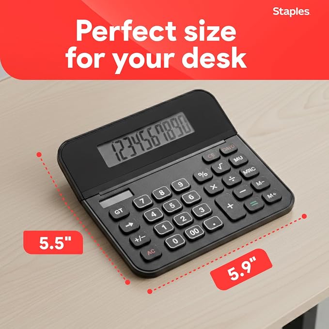 Staples 10-Digit Desktop Calculator, Solar/Battery, Large LCD | Basic financial functions in a compact design for everyday office use.
