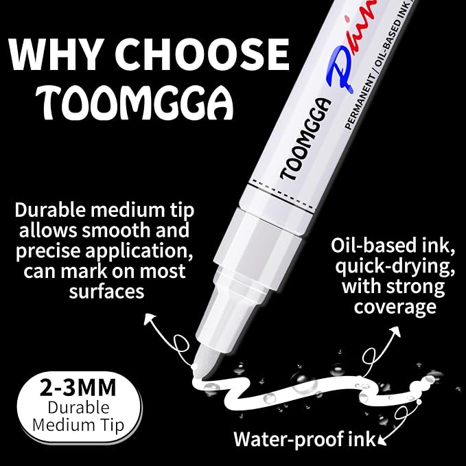 TOOMGGA 2 White Paint Pens Permanent Paint Markers, Oil Based Medium Tip | Marking Pens, Quick Drying, Waterproof, Fade-resistant, for Rock Painting, Car Tyre, Metal, Plastic, Canvas, Mugs, Wood