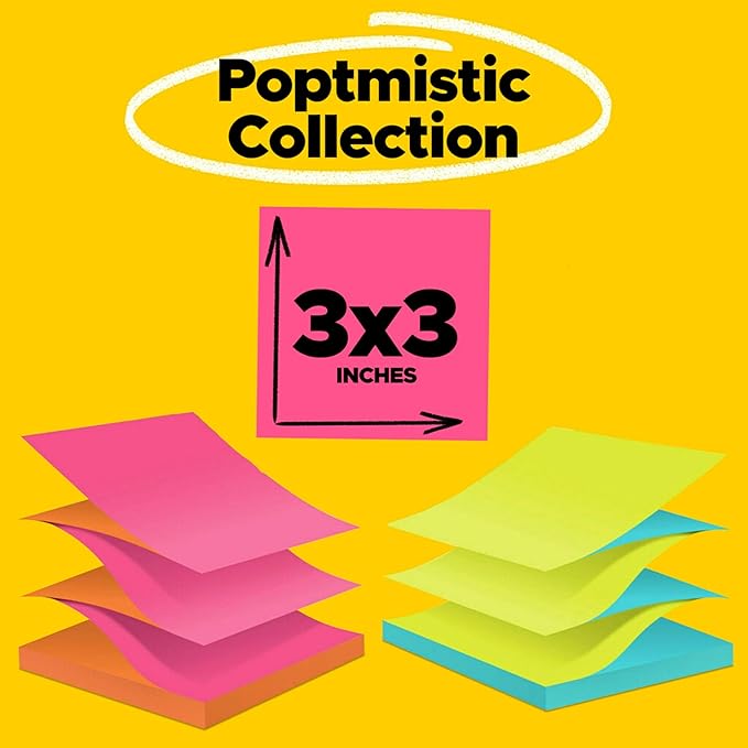 Post-it Pop-up Notes 3x3 in, 12 Pads, America's #1 Favorite Sticky Note, Alternating Colors of Power Pink & Vital Orange and Aqua Splash & Acid Lime, Poptimistic Collection, Clean Removal, Recyclable