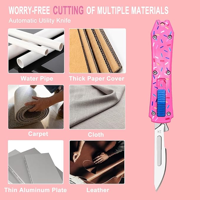 Pink Automatic Scalpel Knife, Mini Automatic Utility Knife, Auto Box Cutter Retractable, Push Button Razor Knives with 10PCS #24 Blades