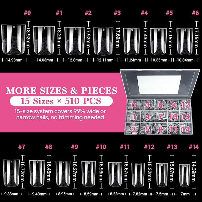 Extra Short Flat Head False Nail Tips, 15 Sizes 510 PCS Clear French Press On Fake Nail Pre-shaped Half Matte Full Cover Gel Nail Tips Extensions Long Lasting for DIY Beginners & Salon Manicure