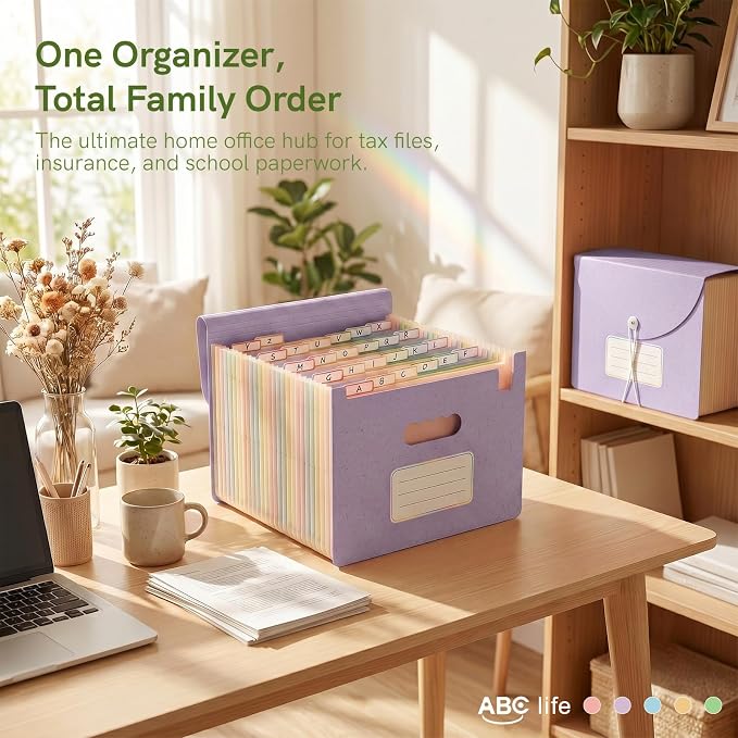 ABC life 26 Pockets Accordion File Organizer, Dusty Lavender | Expanding File Folder for Letter/A4 Size, Portable Document Holder with A-Z Tabs for Tax Receipt, School, Home, Office