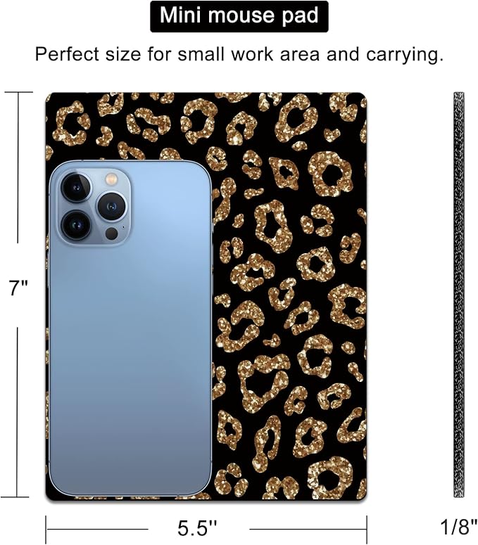 Small Mouse Pad Cute, Mini Mouse Pads for Wireless Mouse and Laptop, Travel Mousepads with Designs - Gold Glitter Leopard, Portable Mousepad 5.5 x 7 Inch, Kawaii Desk Decor for Women