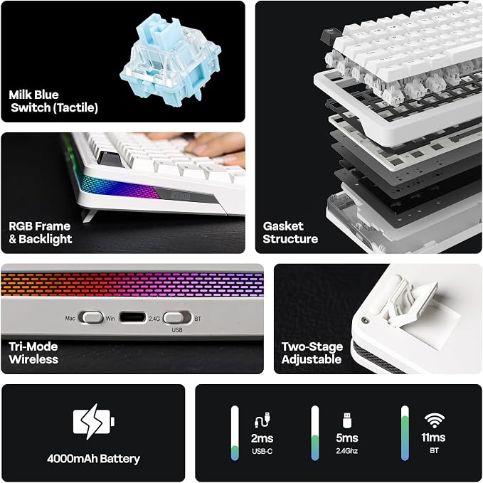 EPOMAKER TH85 QMK/VIA Wireless Gaming Keyboard, BT5.0/2.4GHz/USB-C | Hot-Swap Pre-lubed Custom Milk Blue Tactile Switches, Gasket Creamy Keyboard for PC/Mac/Office/Gaming (White)