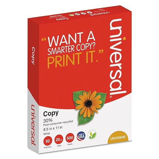 Universal 30% Recycled Copy Paper, 92 Bright, 20 lb Bond Weight, 8.5 x 11, White, 500 Sheets/Ream, 10 Reams/Carton