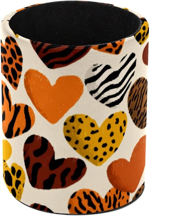 Leather Pen Holder for Desk, Leopard Heart Pencil Cup Pen Organizer Makeup Brush Holder for Office Home Kids Countertop Desk Accessory Storage