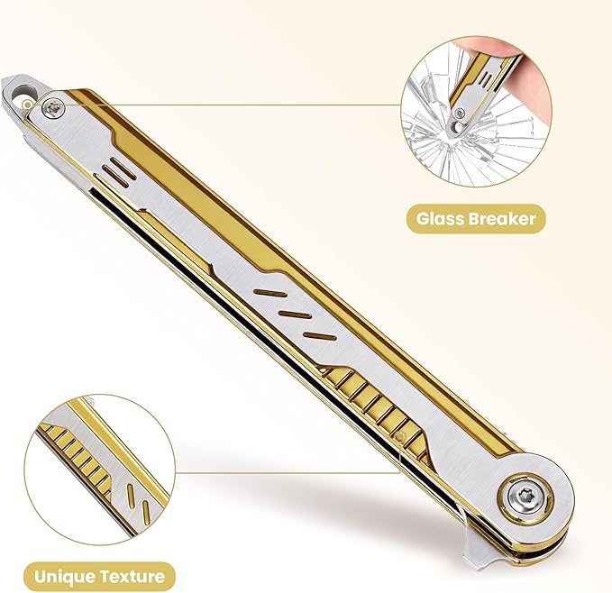 Cool Pocket Knife Gifts for Men, EDC Tanto Blade Folding Knives with Clip, Flipper Open Survival Knife with Window Breaker and Liner Lock for Outdoor Camping (Gold)