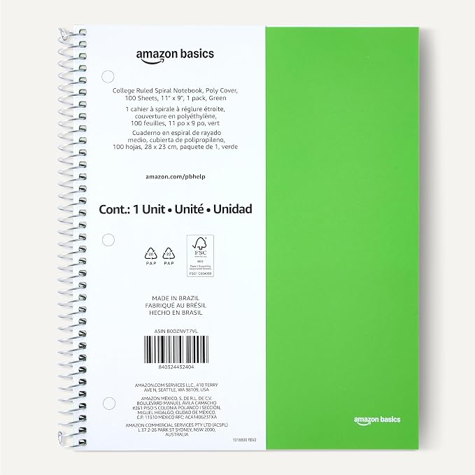 Amazon Basics College-Ruled Spiral Notebook, Poly Cover, For Work and School, 100 Sheets, 9" x 11", Green, 1-Pack