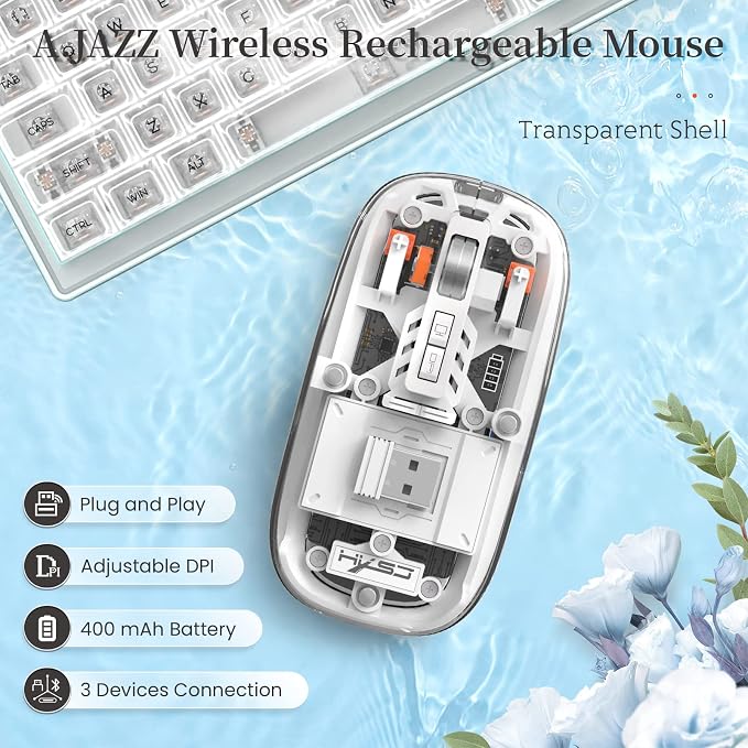 AJAZZ Wireless Bluetooth5.1&2.4G Mini Lightweight Mouse,Transparent Clear Cool,Rechargeable Silent Computer Mice,Nano USB C Receiver,LED Battery Magic Silm for Office/PC/Mac/Laptop/Apple/ipad(White)