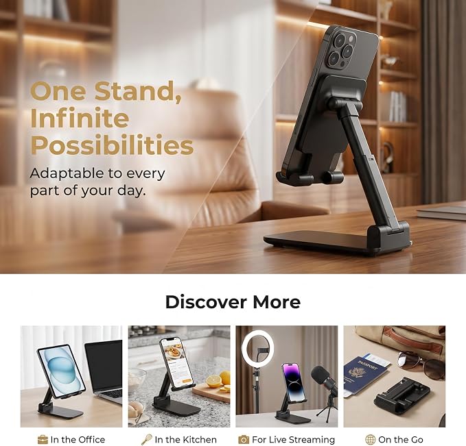 Phone Stand for Desk Cell Phone Holder Stands for iPhones, Black | Mini, Cute, Portable, Fully Foldable, Under 8" Devices, All Smart phones, Office Accessories