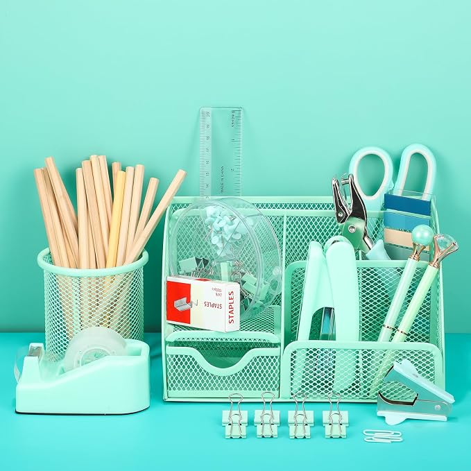 auroray Green Desk Organizers and Accessories, Teal Office Supplies Set Green Mesh Desk Organizer, Stapler, Tape Dispenser, 1000 Staples, Staple Remover, Pen Holder, Clips Set, Ruler, Scissors