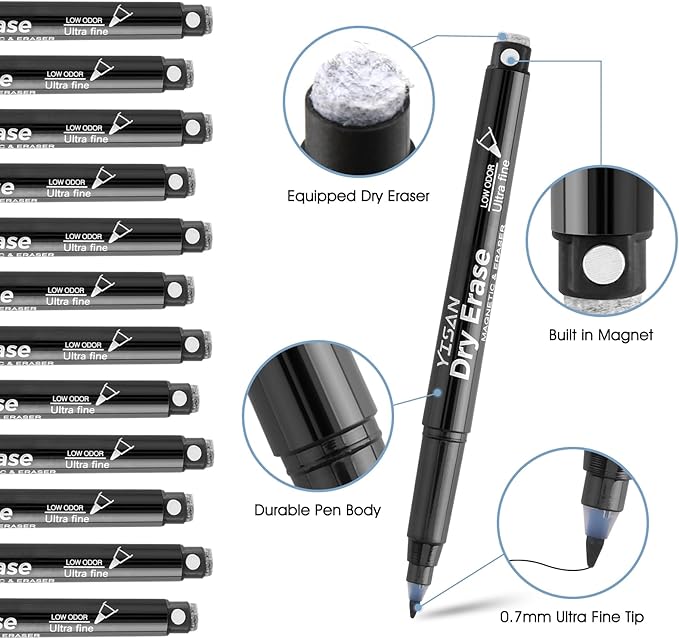 YISAN Black Dry Erase Markers Ultra Fine Tip,0.7mm Extra Fine Point, Whiteboard Markers with Erasers,Low Odor,70573