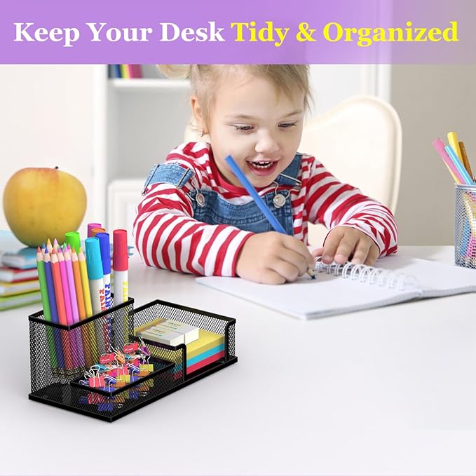 Pen Holder Desk Organizer, 2Pack Office Supplies Pencil Holder with 3 Compartments, Desk Accessories and Workspace Organizers for Home School Classroom, Black