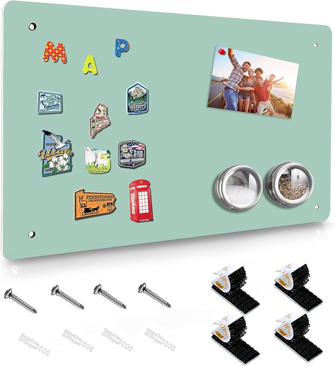 Green Magnetic Board,17.5" x 11.4" Magnet Bulletin Board to Display Magnetic Notes, Poetry, Photos, Suitable for Wall, Refrigerator, Cabinet etc, Come with 4 Pcs Dual Lock Tape and Screws