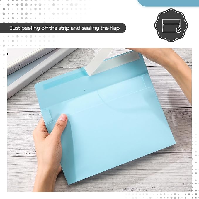 Harloon 100 Pcs A9 Invitation Envelopes 5.75 x 8.75 Inch Self Adhesive Wedding Invitation Envelopes Paper Greeting Card Envelope for Photos Letters Baby Shower Office 110 Gsm Paper(Light Blue)