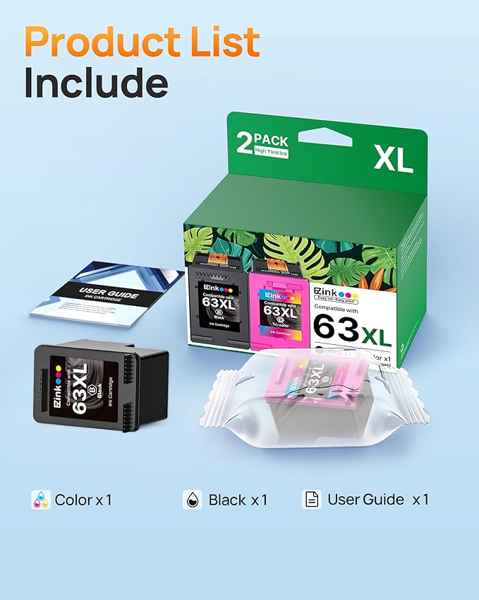 63XL Ink Cartridges Black and Color Remanufactured Replacement for HP Ink 63 for HP 63XL Ink Cartridges Combo Pack Work for Officejet 4650 3830 3833 5255 5258 Envy 4520 Deskjet 1112 3637 (2 Pack)