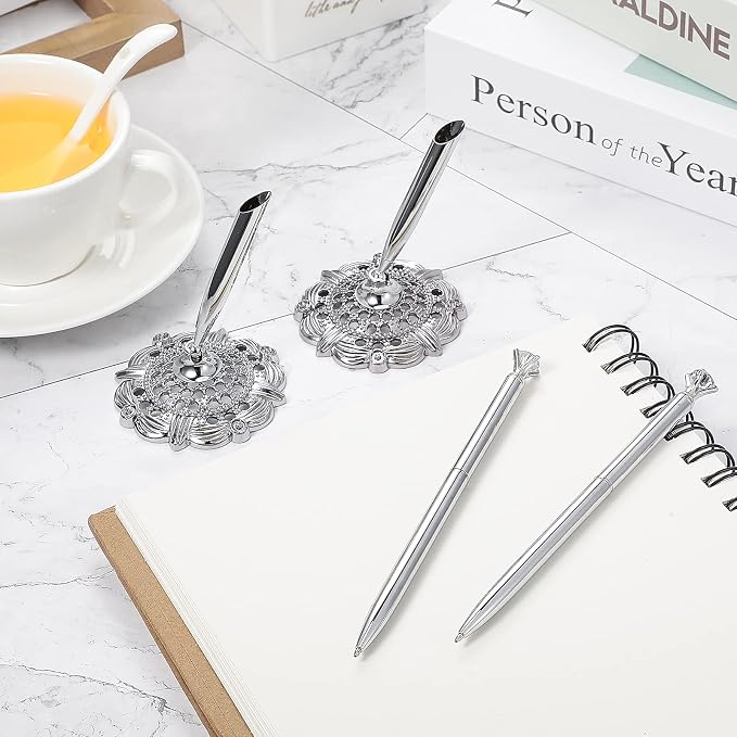 Outus 2 Pcs Silver Wedding Pens for Guest Book Signing Diamond Design | Hollow Round Holder Stand, Desk Ballpoint Pens, For Bridal Showers Wedding Bachelorette Party Engagement Reception Business