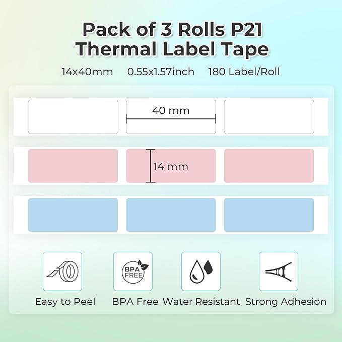 NELKO Genuine P21 Label Maker Tape,14x40mm, 3-Roll, White/Light Blue/Pink | Easy to Peel, BPA-Free, Strong Adhesion, Water-Resistant & Oil-Proof, Great for School, Office, Home, Kitchen, Black on White