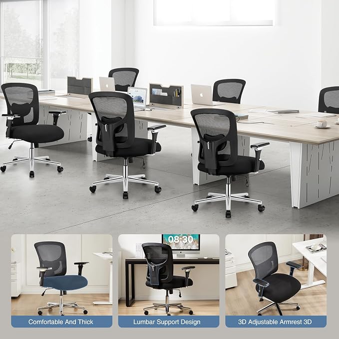 DUMOS Big and Tall Office Desk Chair, 500lbs Heavy Duty Mesh Chair | Ergonomic 4D Armrest, Comfortable Lumbar Support, Wide Seat, 360° Swivel Rolling Wheels, Adult, Black