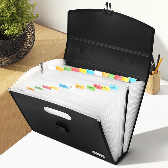 Uquelic 26 Pockets Expanding File Folder Organizer, Durable Buckle | Accordion Folder Base with Ergonomic Portable Handle, Large A4 Letter Size Document Organizer, Folders with Pockets