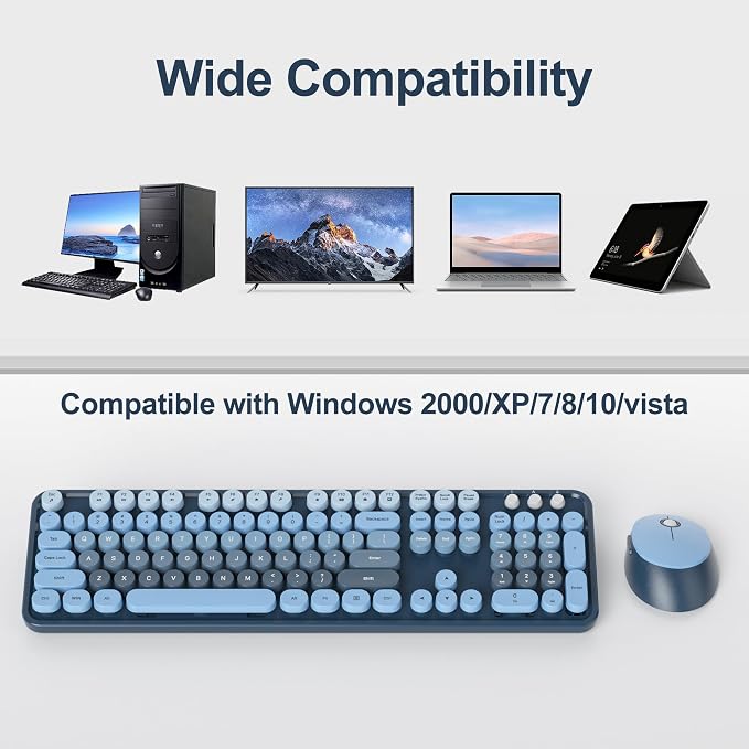 Wireless Keyboard and Mouse Set, Retro Typewriter Sea Blue | 1600DPI Full Size With Number Pad & Mouse,Compatible With All Windows,Ideal For Computer, PC, Notebook, Laptop