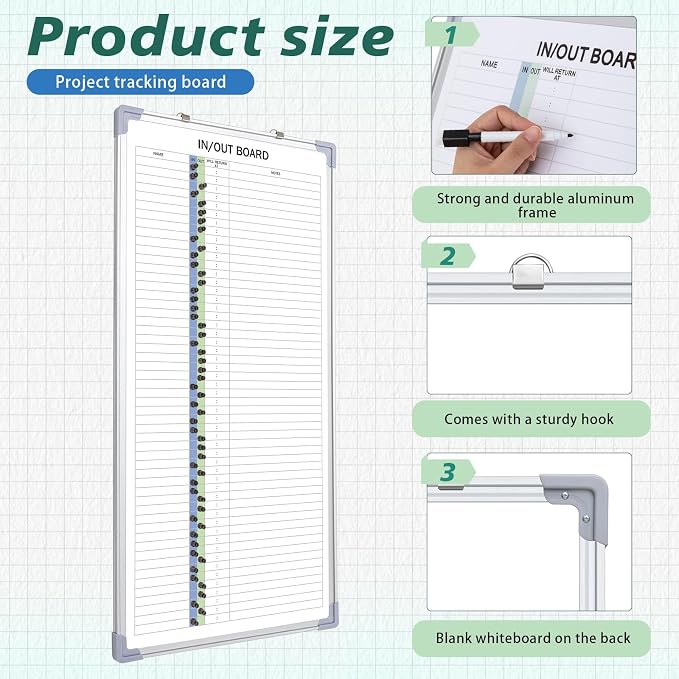 in and Out Magnetic Dry-Erase Board 36 x 18 Aluminum Framed White Board with Lines 53 Names with Magnetic Dry-Erase Marker, Eraser, and 55 Magnets Wall-Mounted for Office Employee