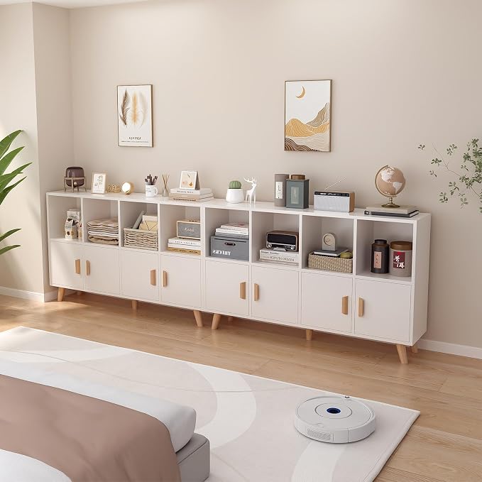 8-Cube Bookcase with Doors, 2-Tier Low Storage Cabient, Warm White | Solid Wood Legs and Door Handles, Cubby Shelf with 4 Doors, Fits 11×11" Bins for Home & Office