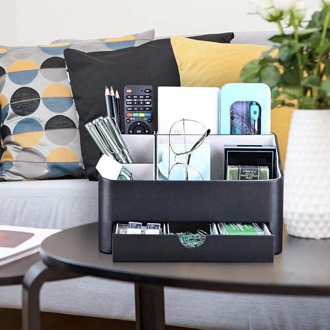 Desk Organizer with Drawer, Multifunction Pencil Holder for Desk, Desk Organizer and Accessories 5 Compartments for Home Office Supplies (Black)