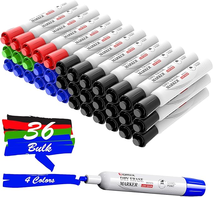 Comix Low Odor Dry Erase Markers, Chisel Tip White Board Markers, 36 Count 4 Colors Markers for Classroom, Teachers, Office, School Supplies (20 Black)