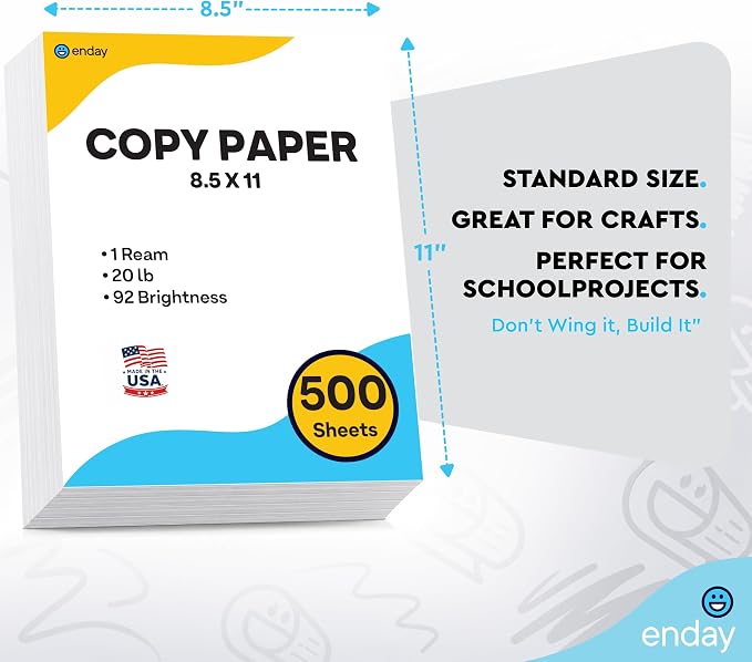 Printer Paper - 8.5 x 11 White Letter Size Copy Paper, (1 Ream 500 Sheets) 20 lb, Standard Copy Paper for Printing, Drawing & Writing, Computer Paper Office Supplies, By Enday