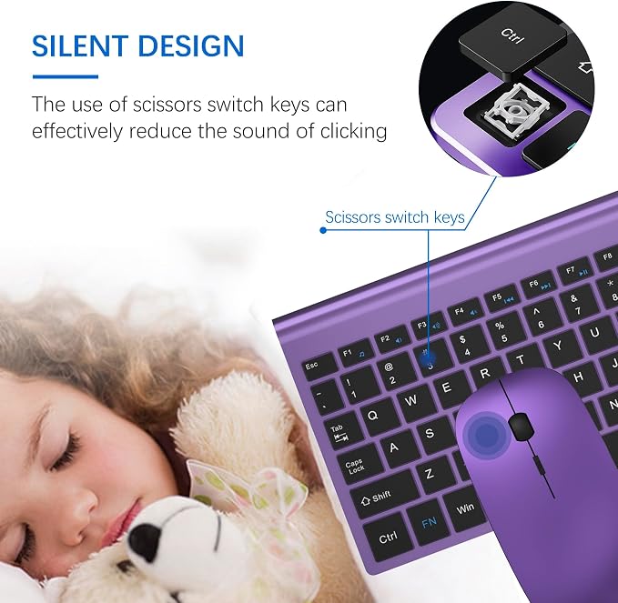 Wireless Keyboard and Mouse Ultra Slim Combo, TopMate - Purple Black | 2.4G Silent Compact 2400DPI Mouse and Scissor Switch Keyboard Set with Cover, Batteries Included, for PC/Laptop/Windows/Mac