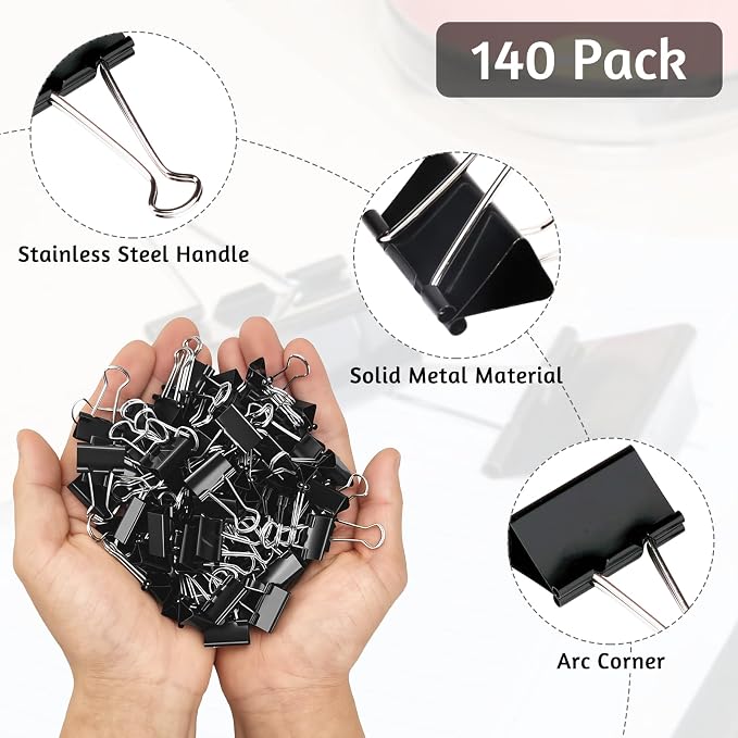 OWLKELA 140 Pcs Binder Clips, 0.75 inch, Black | Metal Paper Clamps, Paper Binder Clip, Ideal for Office, Home and School Supplies