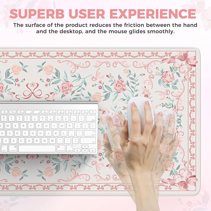iCasso Aesthetic Desk Mat for Desktop,Cute Desk Pad for Women,Pink | Girly Bow Mouse Pad with Stitched Edges,Non-Slip Large Computer Mat for Home Office Study Gaming
