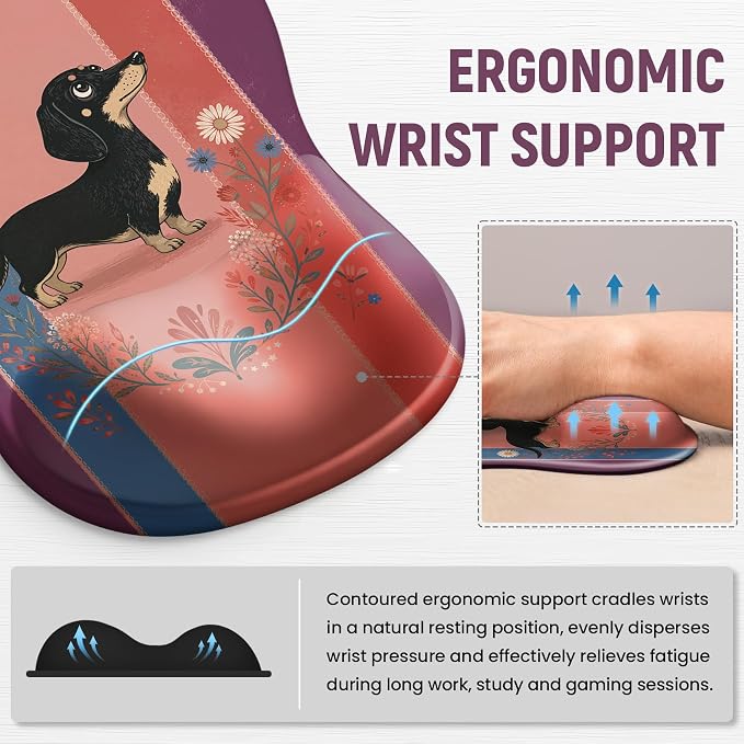 Ergonomic Mouse Pad with Wrist Rest, Gel Wrist Support, Wiener | 10.2 x 7.6 in Mouse Pad with Smooth Fabric Surface and Non-Slip Rubber Base for Office, Home, Study, and Gaming
