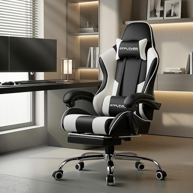 GTPLAYER Gaming Chair, Computer Chair with Footrest and Lumbar Support, Height Adjustable Game Chair with 360°-Swivel Seat and Headrest and for Office or Gaming (White)