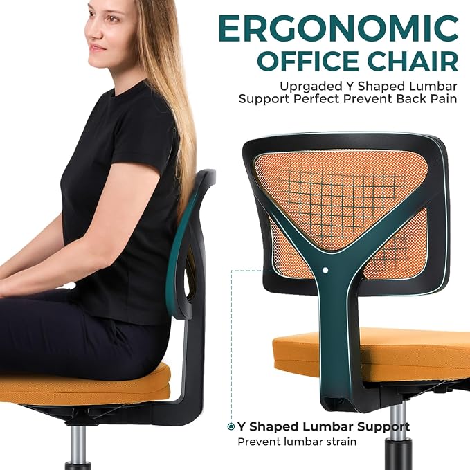 DUMOS Armless Desk Chairs, Small Home Office Mesh Chairs | Ergonomic Adjustable Mid Back, Swivel Rolling Task, Computer Work Vanity Small Spaces, Orange