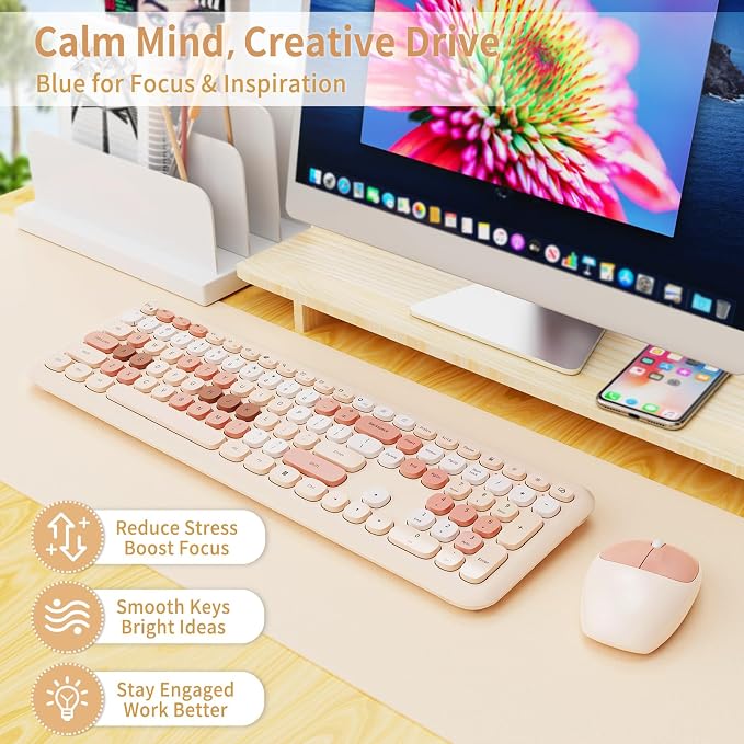 Nowlike Wireless Keyboard and Mouse Combo, Retro Typewriter Keyboard with Round Keycaps, Full-Size Ergonomic, Brown, Ideal for Windows PC, Home, Office, and College, Wireless Keyboard Mouse Combo
