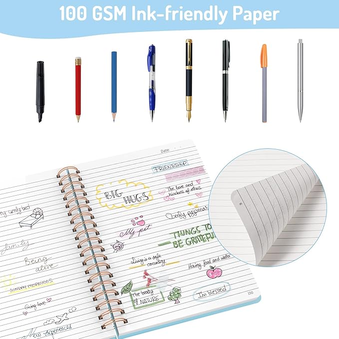 Forvencer Lined Spiral Journal Notebook with 300 Numbered Pages, B5 College Ruled Thick Journals for Writing with 100GSM Paper, Hardcover Notebooks with Contents for Work, School, Women, Men, Sky Blue