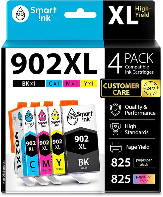 Smart Ink Compatible Ink Cartridge Replacement for HP 902 XL 902XL (4 Combo Pack) to use with Officejet Pro 6978 6968 6974 6975 6960 Officejet 6951 6954 6956 6958 Printers