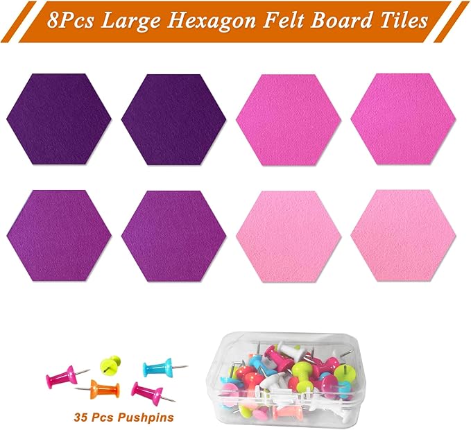 Large Hexagon Felt Cork Board Tiles, Self Adhesive DIY Felt Bulletin Board Pin Board with 35 Pushpins for Office School Home Wall Decor Stickers Memos Photos Display(Deep Purple+Pink)