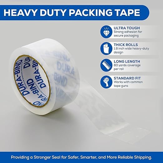 Durabind Heavy Duty Packing Tape 6 Pack. Rolls are 60 Yards x 2in. Tough Clear Tape for Shipping, Packing, Moving, Mailing, and All Box Types. Professional Grade. (6)