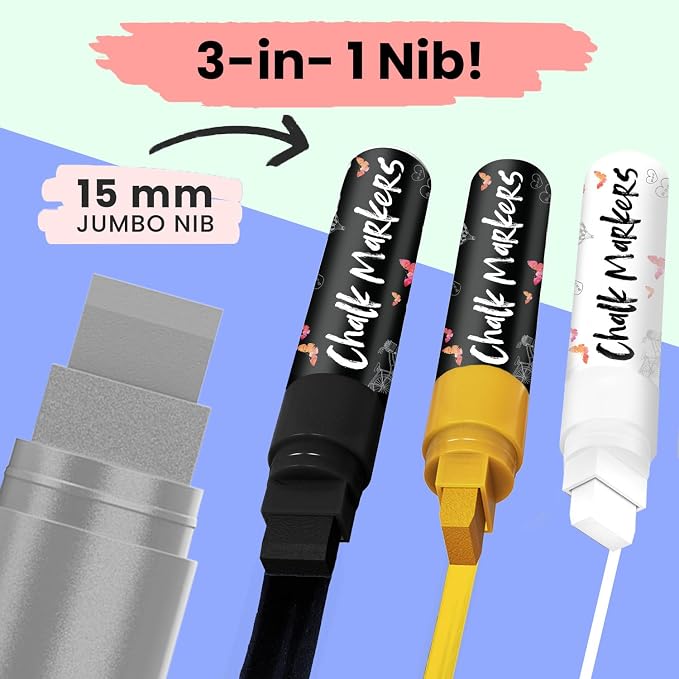Chalkola 15mm Jumbo Washable Car Window Markers | White, Black, Gold Silver | 4, 15mm Chalk Pens - Safe Erasable Liquid Paint Chalk Markers for Blackboard Chalkboards, Glass Board, Auto Mirror