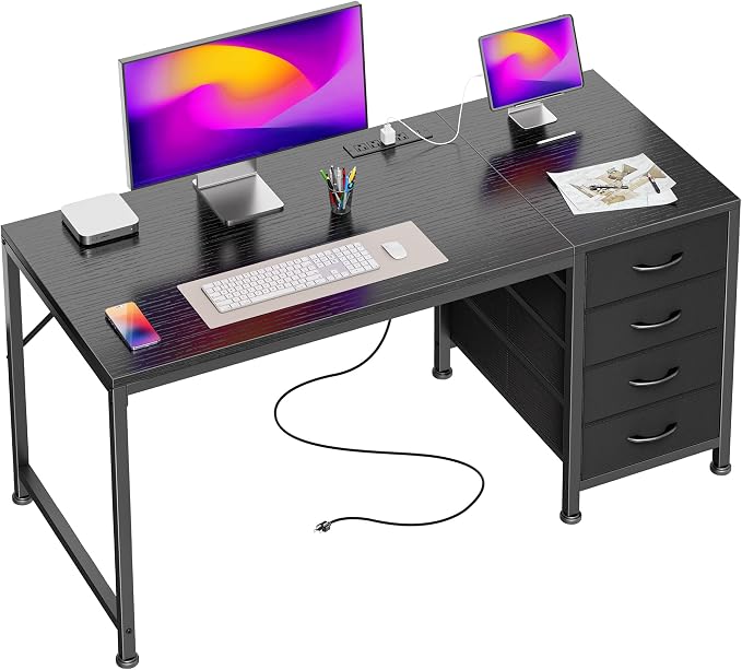 47.2Inch Computer Office Desk with Power Outelts and USB-C Port, Reversible Gaming Desk with 4 Fabric Drawers, Work Study Desk Work from Home, Black