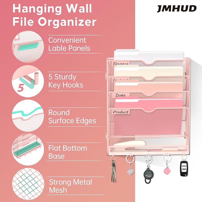 5-Tier Wall File Organizer and Mail Organizer with 5 Hooks, Pink | Label slots, curved openings, 5 key hooks, and a bottom tray support organized mail, file, and everyday item storage.